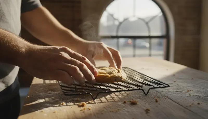 Baker’s hands dusted with flour placing a fresh cookie on a rack