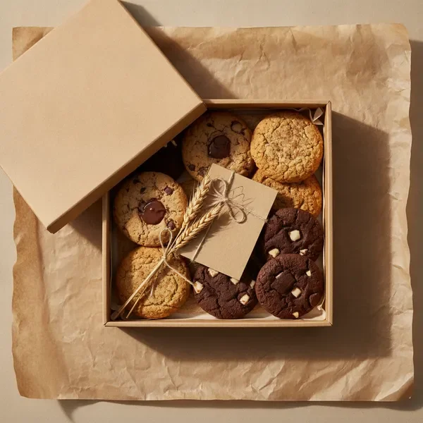 Open cookie gift box with assorted cookies and a handwritten note