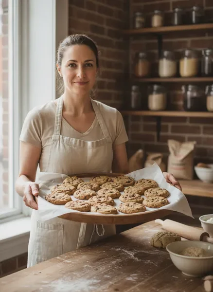 Baker holding a tray of fresh cookies in a Brooklyn bakery kitchen