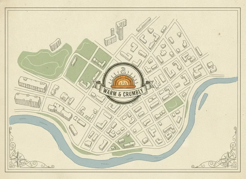 Illustrated map showing Warm & Crumbly bakery location in Brooklyn