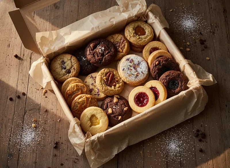 Curated cookie box with artisanal cookies on tissue paper
