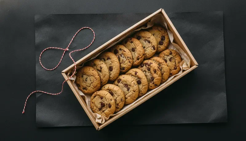 Open cookie box with neatly arranged cookies and baker's twine