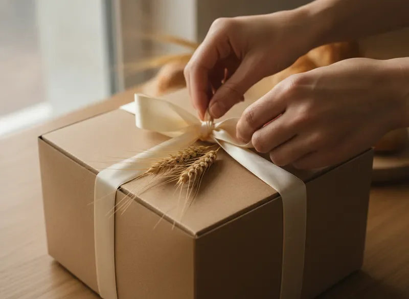 Hand tying ribbon on a bakery box