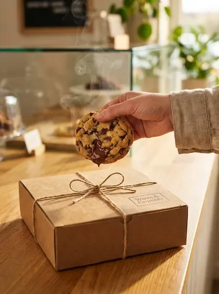 Warm chocolate chip cookie being lifted from a bakery box