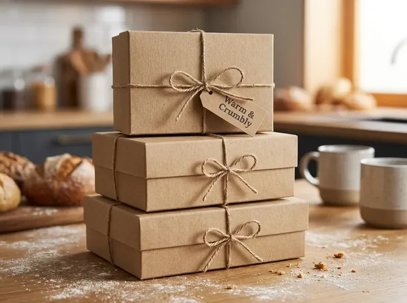 Stack of kraft paper bakery gift boxes tied with twine