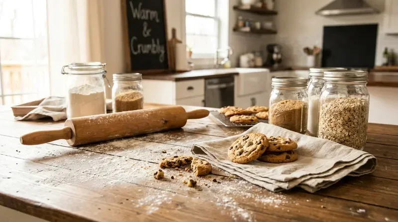 Styled bakery table vignette with cookie crumbs and baking ingredients