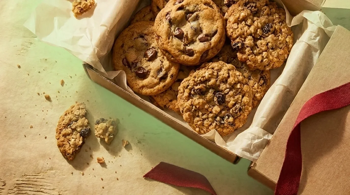 Warm bakery gift box with fresh cookies, tissue paper, and ribbon on rustic parchment surface
